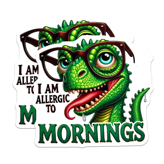 (2 Pack) Morning Allergy Stickers - Funny Dinosaur - Sleepy Reptile - 5" On Longest Side - Sticks to Smooth Flat Surfaces - Made in USA - BMCS15224