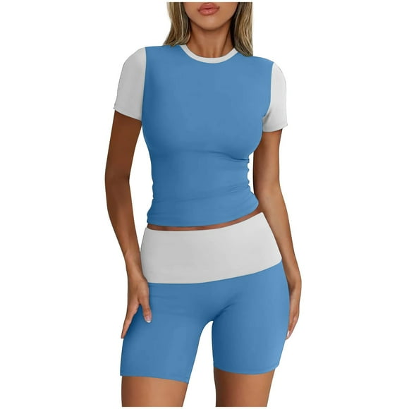 AherBiu Gym Sets Woman 2 Piece Seamless Color Blocking Crop Tops Stretchy Yoga Shorts Workout Sets