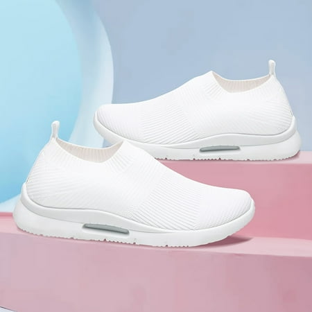 

Solid Ribbed Knitted Outdoor Sports Shoes Thick Soled Casual Slip On Running Sneakers Women s Footwear