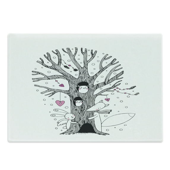 Cartoon Cutting Board, Monochrome Tree with Playing Bunny and Fox Doodle Style Arrangement, Decorative Tempered Glass Cutting and Serving Board, Large Size, Pink Black White, by Ambesonne