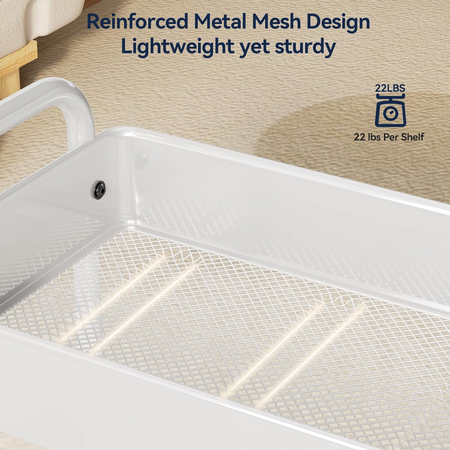 Metal 3 Tier Rolling Cart - Heavy Duty Utility Cart with Lockable Wheels, Hanging Cups, Hooks, Mesh Rolling Storage Cart Craft Cart Organizer, Lightweight and Sturdy, White