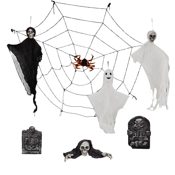 8-Piece Outdoor Halloween Decoration Set, 3 Swinging Ghosts (LED Eyes) + 2 Gravestones + Crawling Skeleton + 5.9ft Cobweb, Indoor/Outdoor Use