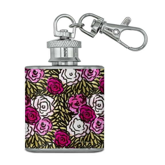 Rose Flower Garden Pattern Stainless Steel 1oz Mini Flask Key Chain