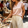 thumbnail image 7 of ClodeEU Women's Elegant V Neck Short Sleeve Satin Blouse ,Casual Loose Fit Silk Office Top Pink,Women's Plus L, 7 of 7