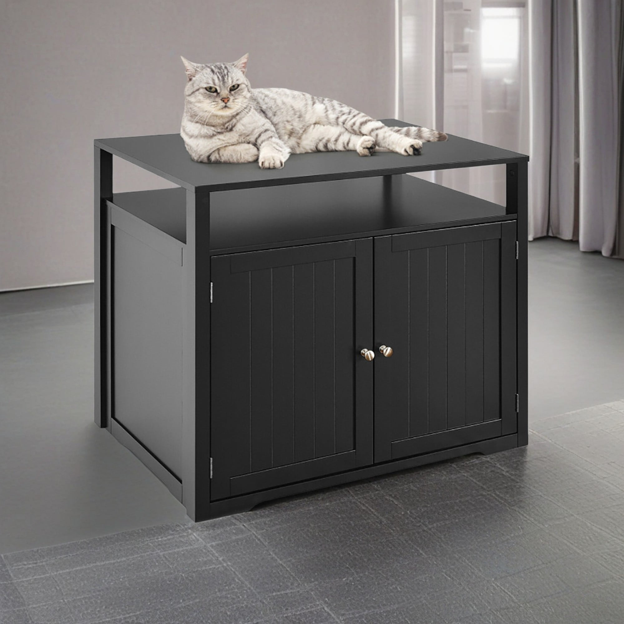 Kadyn 31" Cat Litter Box Enclosure Furniture, Cat Litter Box Cabinet Hidden with Storage Shelf, Cat House with Doors and Divider, Black