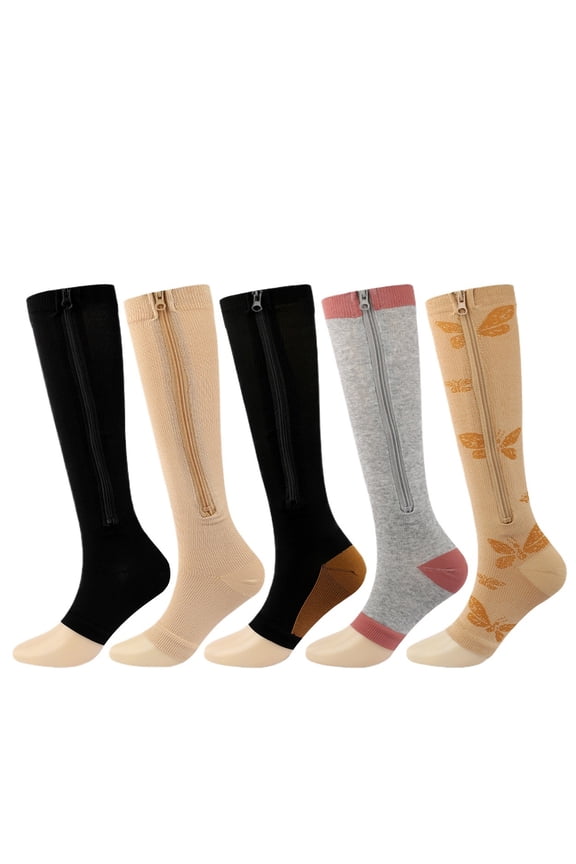 5 Pairs Zipper Compression Socks for Men & Women - High Elasticity Leg Support,Solid Color Athletic Socks for Running, Outdoor Sports, Nursing Recovery