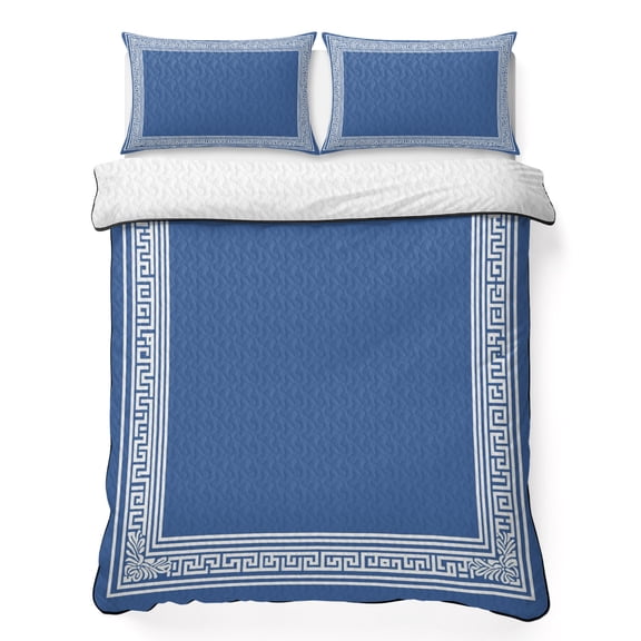 Twin XL Quilt Set 68''x98'', Dark Blue Greek Key Lightweight Bedspread Coverlet Set with 2 Pillow Shams, Geometric Greece Ancient Farmhouse Geo Breathable All Season Quilt Bedding for Dorm/Guest Room