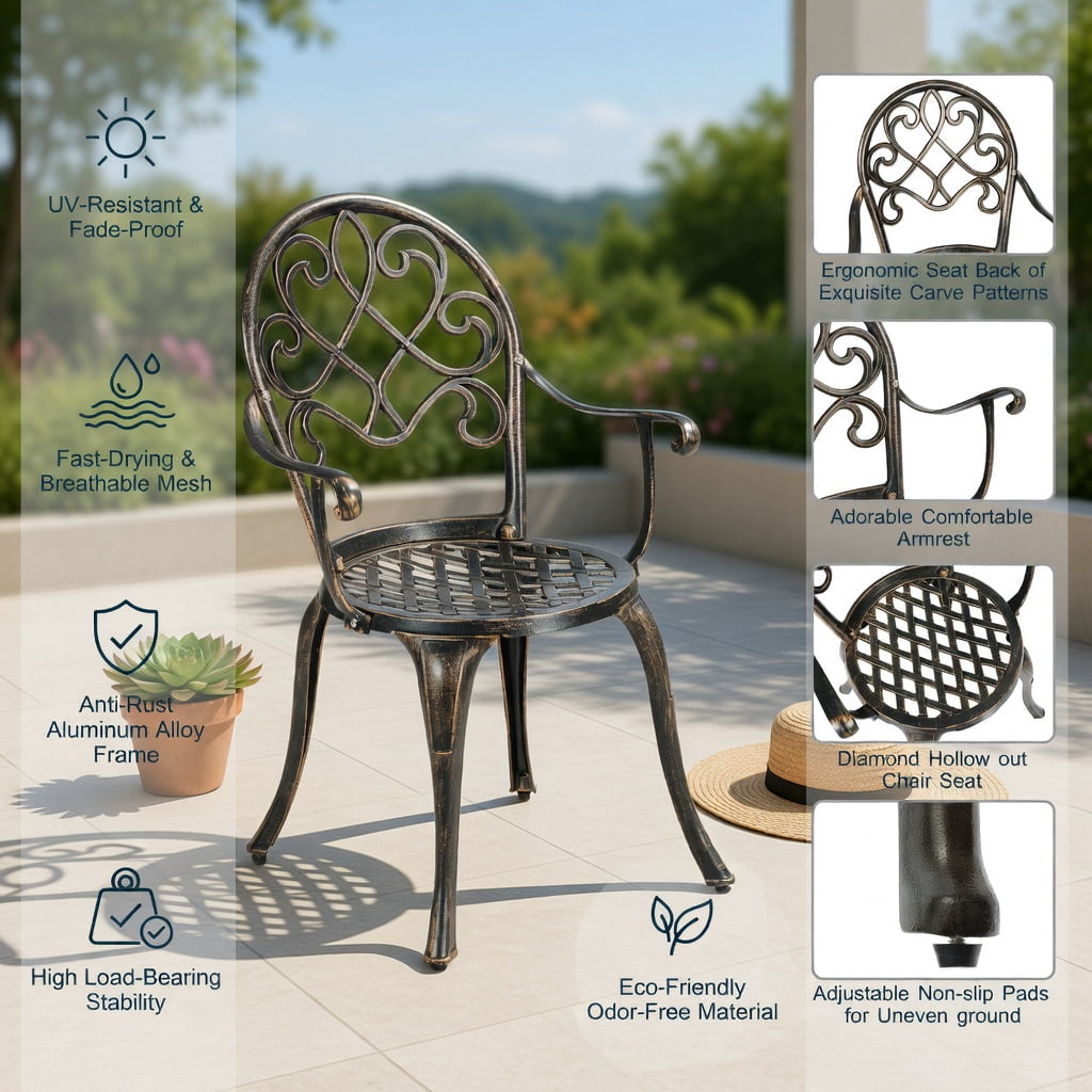 Hommoo 3-Piece Outdoor Bistro Set with Removable Stainless Steel Ice Bucket, Cast Aluminum Patio Table & Chairs for Backyard, Balcony, Poolside, Antique Bronze