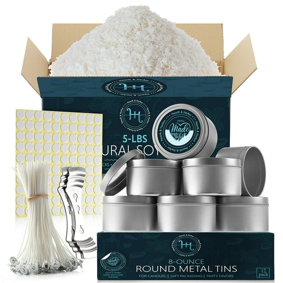 Hearth & Harbor Natural Soy Wax and DIY Candle Making Supplies - 5 Lbs. Soy Candle Wax Flakes, Candle Tin Cans with Lid 12 Pack - 8 oz., 100 Cotton Wicks, and 2 Metal Centering Device