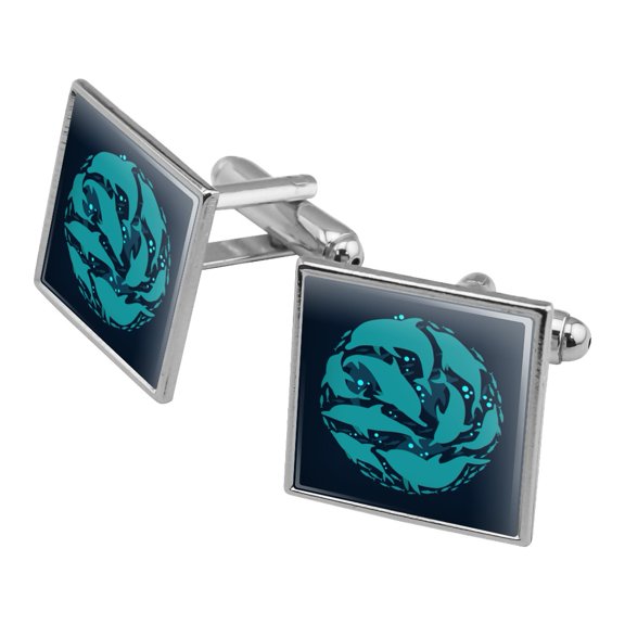 Dolphin Circle Sardines Ocean Fish Square Cufflink Set - Silver or Gold