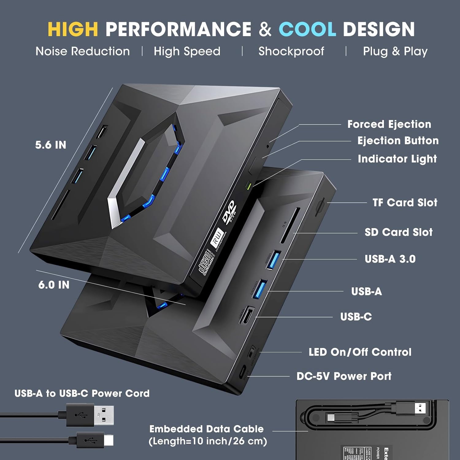 7-in-1 External Blu-ray Drive USB 3.0 & Type-C, Portable BD/DVD/CD Burner with 3-Port USB Hub & SD/TF Card Reader, 6X Optical Drive for Laptop & Desktop(RL Black 1 PC)