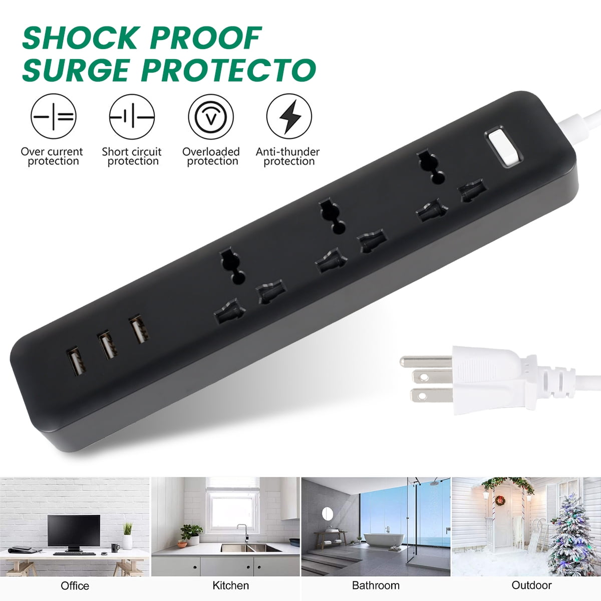Power Strip Waterproof,Weatherproof Surge Protector Electric Shock Proof Surge Strip Flag Plug,6ft Extension Cord 3 Outlet with Overload Protection for Home,Garden,Patio,Kitchen,Living Room