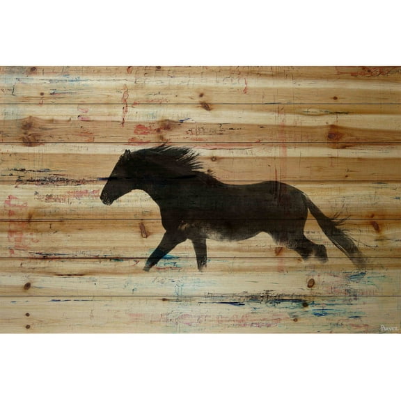 "Black Horse Stride" Painting Print on Natural Pine Wood