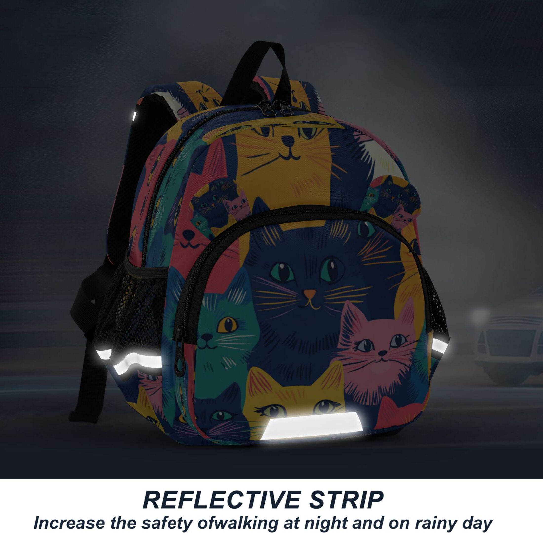 RMDQTR Adorable Ear-Print Backpack with Reflective Strip and Anti-Lost Leash Adjustable Shoulder Straps Mini Travel Backpack Cute Colorful Cats Pattern