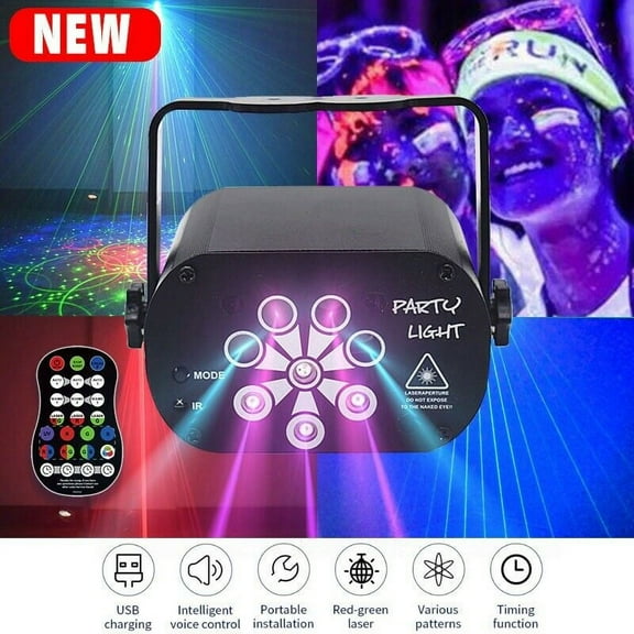 FZFLZDH 120 Pattern RGB Portable Led Stage Laser Light DJ KTV Projector Disco Lamp by Sound Activated Remote Control for Stage Lighting Christmas Parties(USB plug)