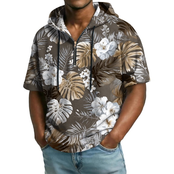 CCRFTGI Short Sleeve Hoodies for Men Big and Tall Hawaiian Hooded T-Shirts Quater Zipper Drawstring 2026 Summer Shirt for Men Trendy Gym Workout Sweatshirts Khaki L