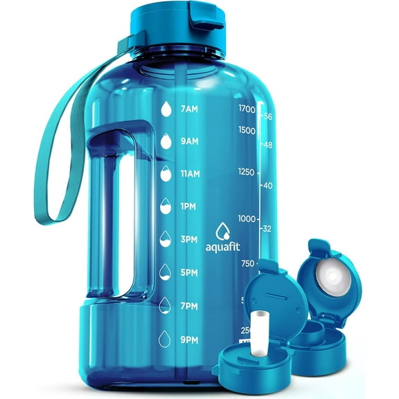 Water Bottle with Time Marker - Straw & Chug Lid - BPA Free Half Gallon Gym Water Bottle with Handle - Big Gallon Jug (Blue Skies, 64 Ounces)