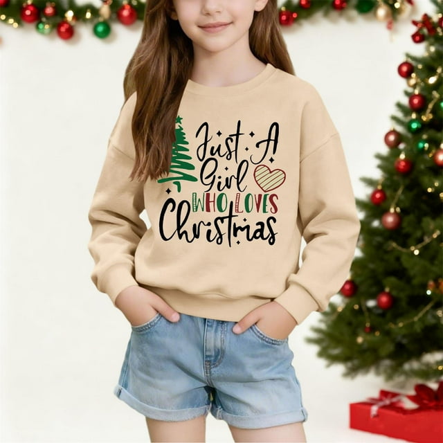 Cowsor Chandails en Molleton Filles Enfants Mignons Graphiques Col Rond Chandail Tops Manches Longues Chemises de Vacances