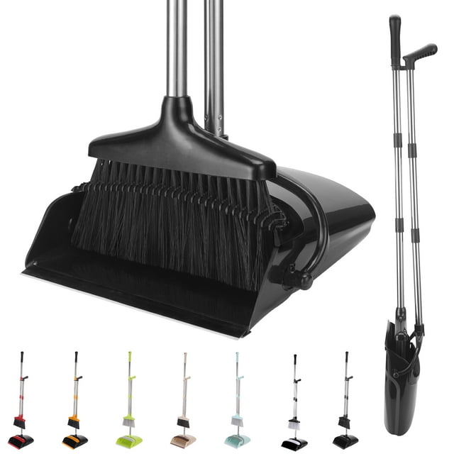 XXXFLOWER Standing Dustpan and Broom Set Long Handled Dust Pans with SelfCleaning Teeth for