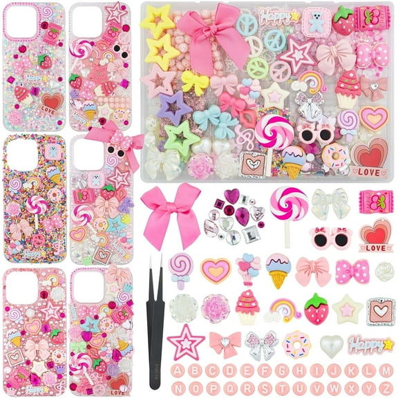 1430 Pcs Junk Phone Case Decoration Kit, Charms for Customizing Cases, Kawaii Bow, Letter Beads, Nail Accessories, Flatback Pearls, Rhinestones, Cute Aesthetic Decor for Personalization