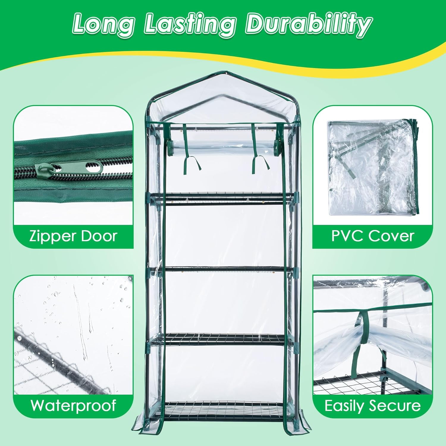 Indoor Greenhouse with Grow Lights - 4 Tiers 27.6"L×19.3"W×61.4"H Outdoor Mini Green House with Zip PVC Cover and Dimmable 15W Full Spectrum Plant Light with Timer for Seed Starting Trays