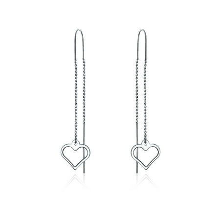 Sterling Silver Heart Threader Earrings - Minimalist Open Heart Thin Beaded Chain Threader Earring For Women For Teen 925 Sterling Silver