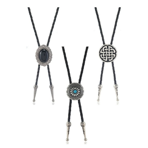 3Pcs Metal Flower Stone Pendant Cowboy Bolo Tie Western Faux Rope Necktie Jewelry Shirt Collar Chain Necklace