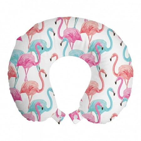 Watercolor Travel Pillow Neck Rest, Flamingos in Many Colors Hand Drawn Bird Exotic Animals Illustration, Memory Foam Traveling Accessory Airplane and Car, 12", Baby Blue Salmon Pink, by Ambesonne