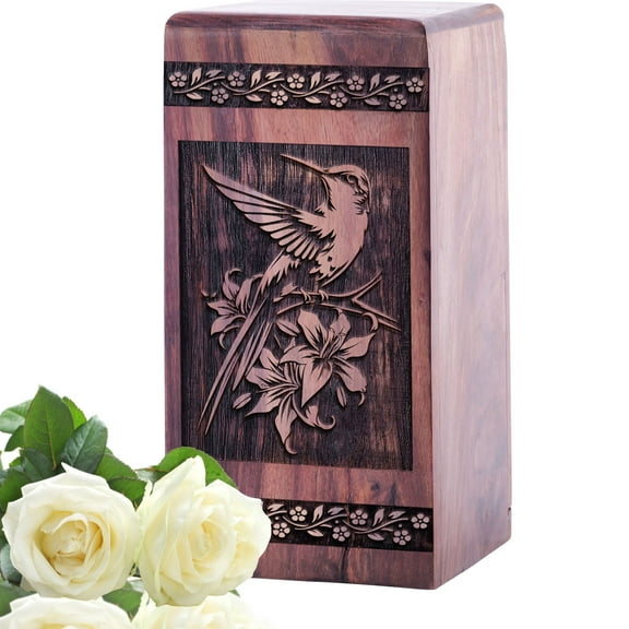 KARYLIZ Hummingbird Urn For Ashes - Wooden Large Funeral Urn For Human Ashes - Adult Urn For Human Ashes - Wood Cremation Urn For Ashes - Burial Urn For Ashes For Women - Ash Urn For Humans 14 Inch