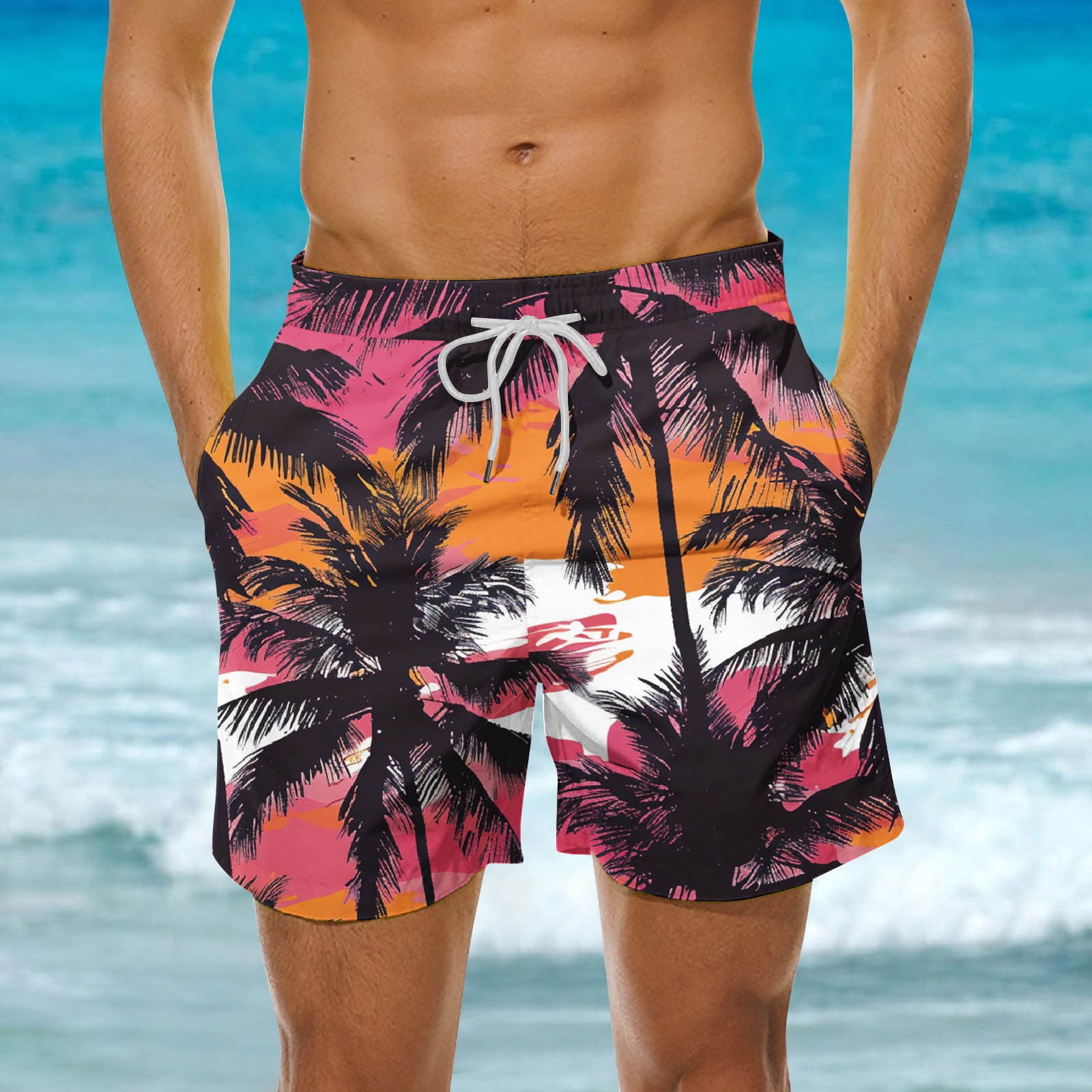 Mens Swim Trunks Quick Dry Drawstring Palm Tree Printed Beach Shorts Hawaiian Holiday Casual Board Shorts with Pockets Walmart