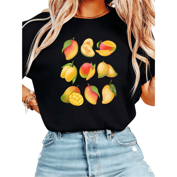 Women Casual Yellow Red Mango Graphic Tees Cotton Crew Neck Printed T Shirt Tops Black S-5XL