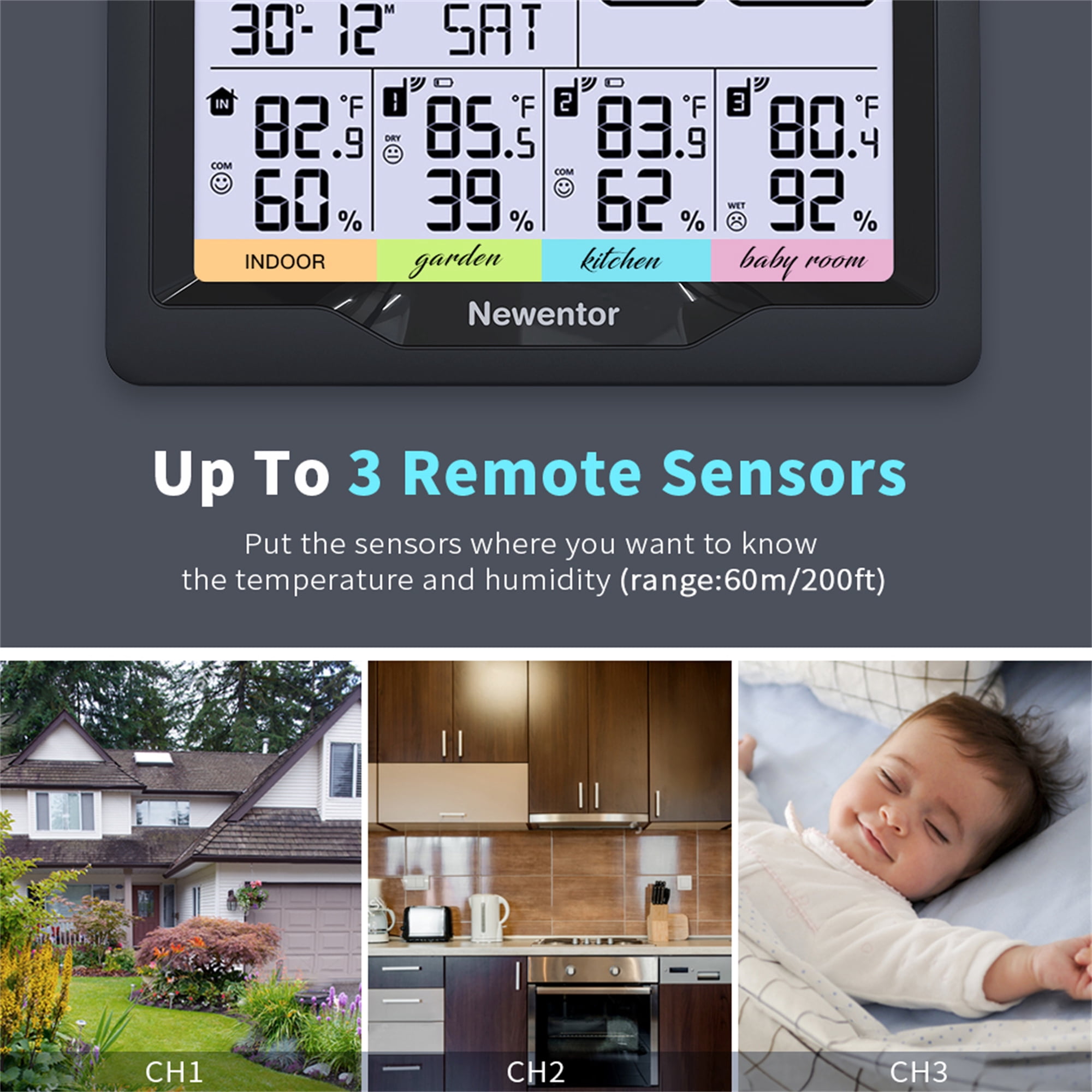 Weather Station Wireless Indoor Outdoor Thermometer with 3 Outdoor Sensor, Black