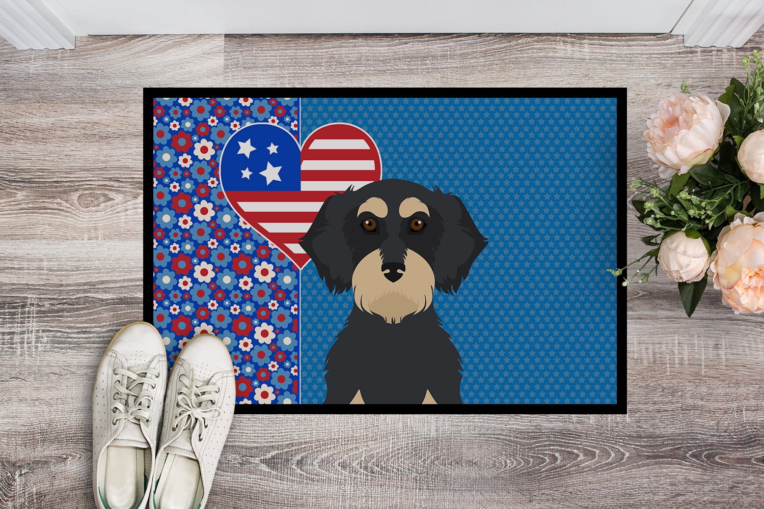 Wirehair Black and Cream Dachshund USA American Indoor or Outdoor Mat 24x36