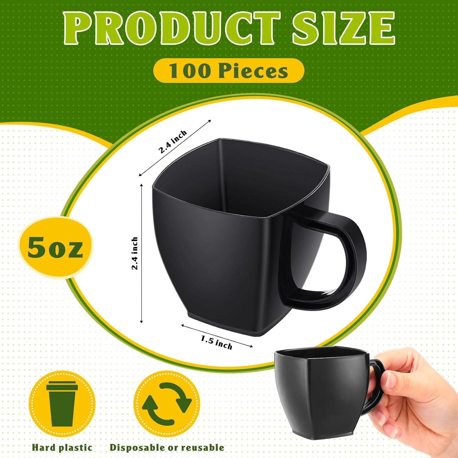 5 oz Disposable Tea Cups Bulk Mini Plastic Tea Cup Bulk with Handle Hard Coffee Mug Reusable Square Espresso Mugs for Party Wedding (Black,100 Pcs)