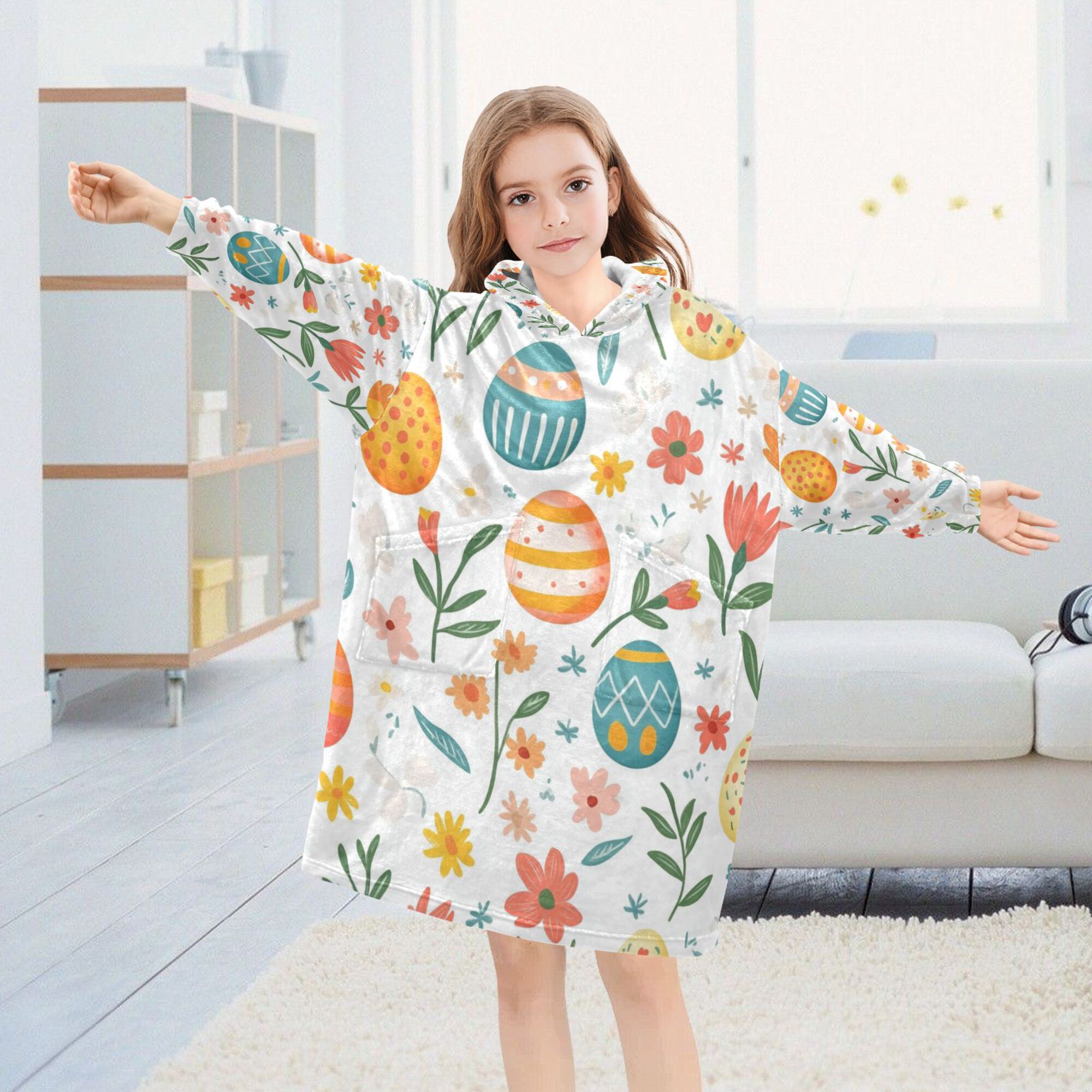 FORMRS Wearable Blanket Hoodie with Sleeves for Kids Cozy Flannel Sweatshirt, Floral Easter Eggs