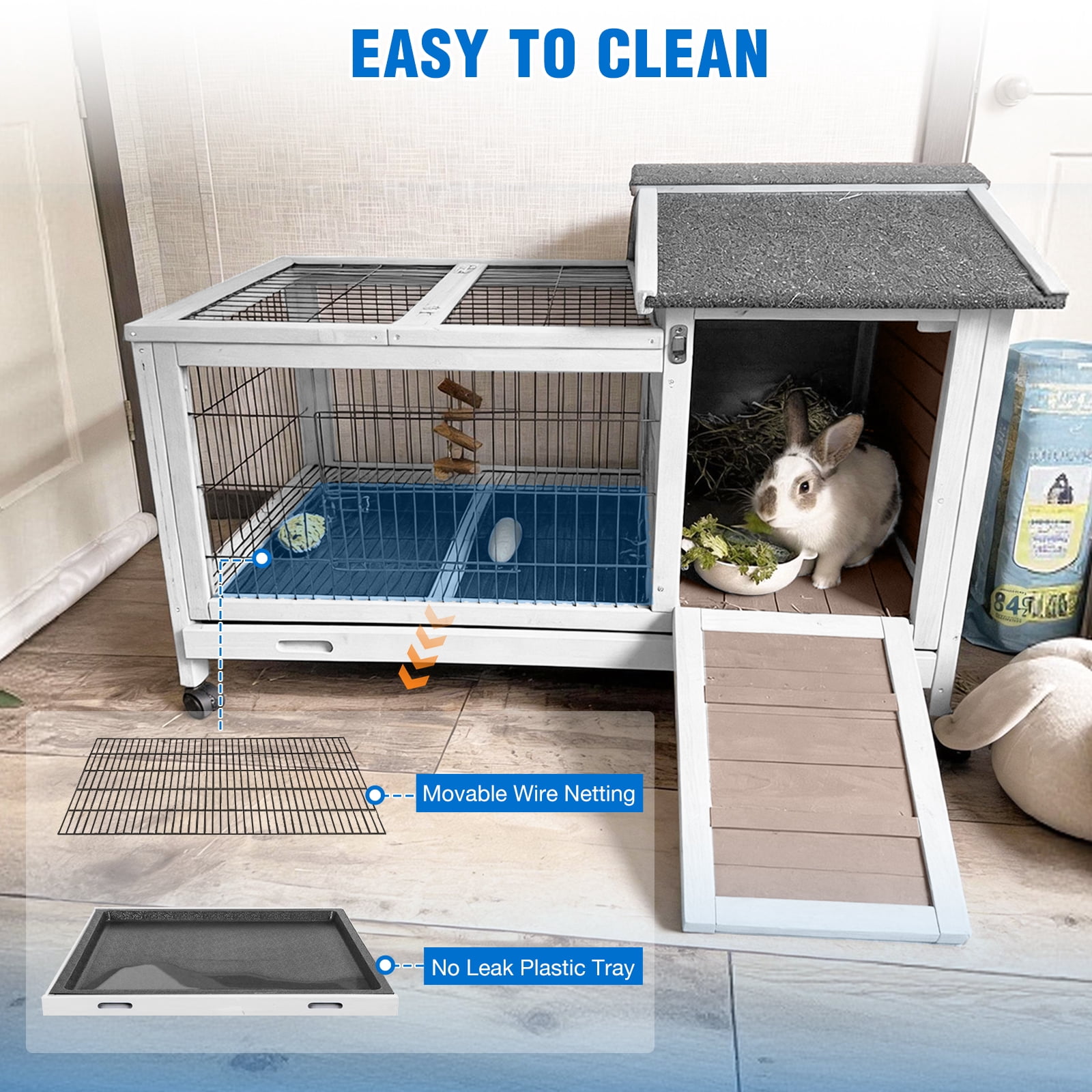 Suumerpety Rabbit Hutch Indoor Rabbit Cage Outdoor Bunny House with Wheels,No Leak Pull Out Tray