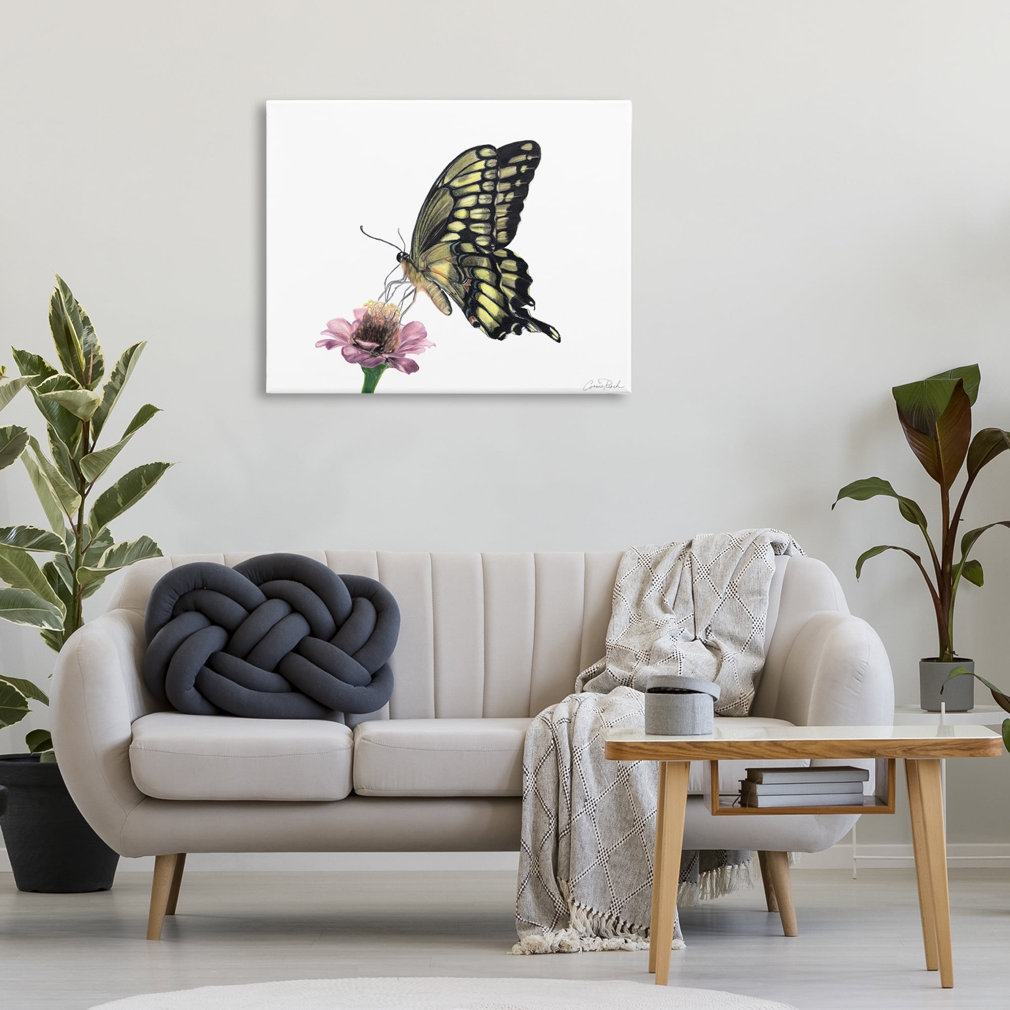 Stupell Industries Minimal Butterfly & Flower Animals & Insects Painting Gallery Wrapped Canvas Art Print Wall Art, 40 x 30