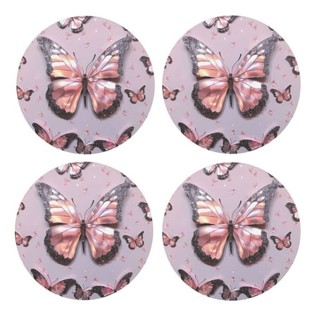 

4 Piece Round Mdf Cork Coaster 3.9in Lightweight Durable Easy To Clean Coaster For Living Room Dining Room Bedroom Bathroom Butterfly Gemstone Glitter
