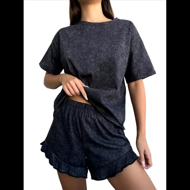 Conjunto de Pijama Estampado para Mujer: Jersey de Corta y Pantalón Corto Negro S