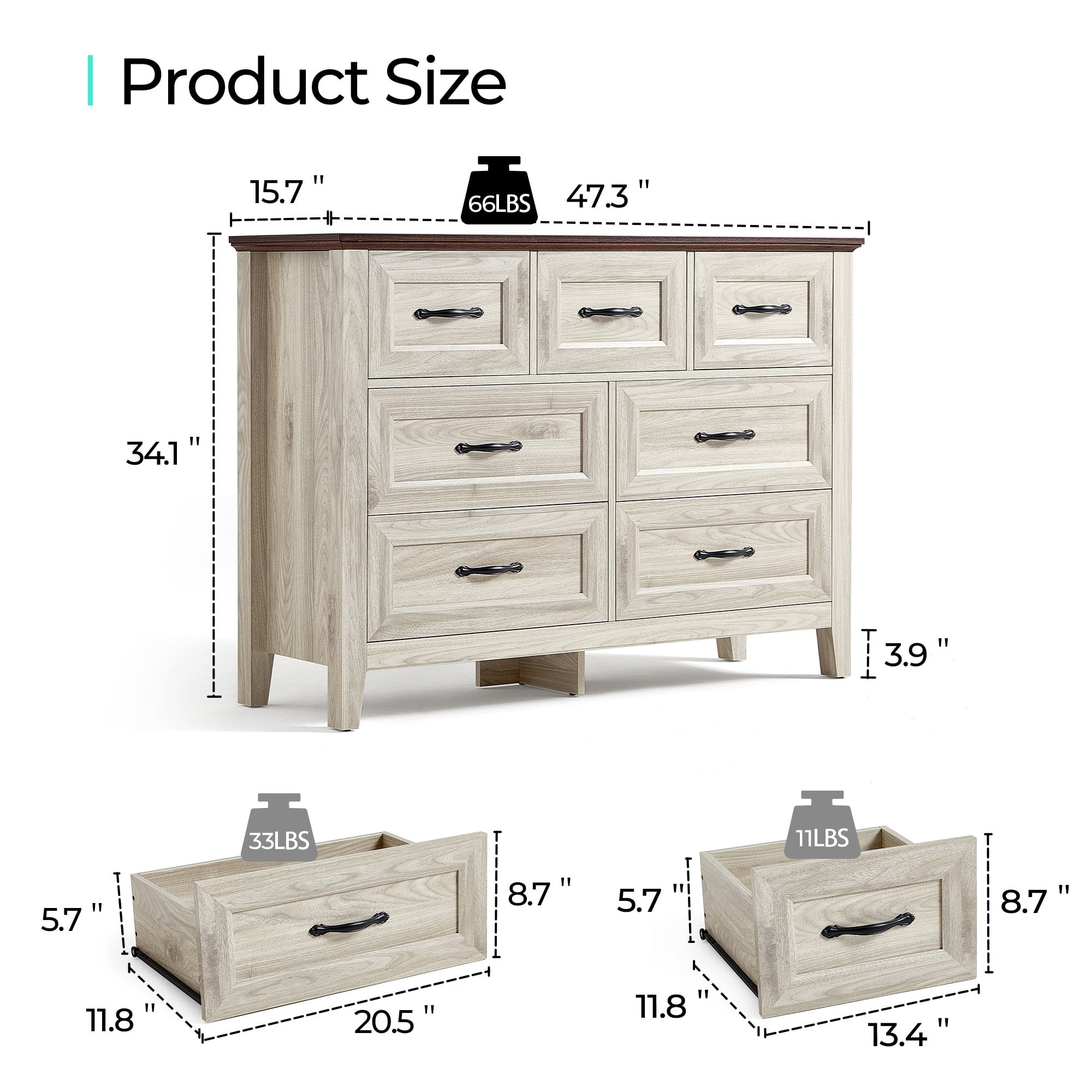 LINSY HOME Dresser for Bedroom, Long Dresser with 7 Drawers and Antique Handles, Chest of Drawers for Living Room, Entryway and Hallway, Rustic Oak