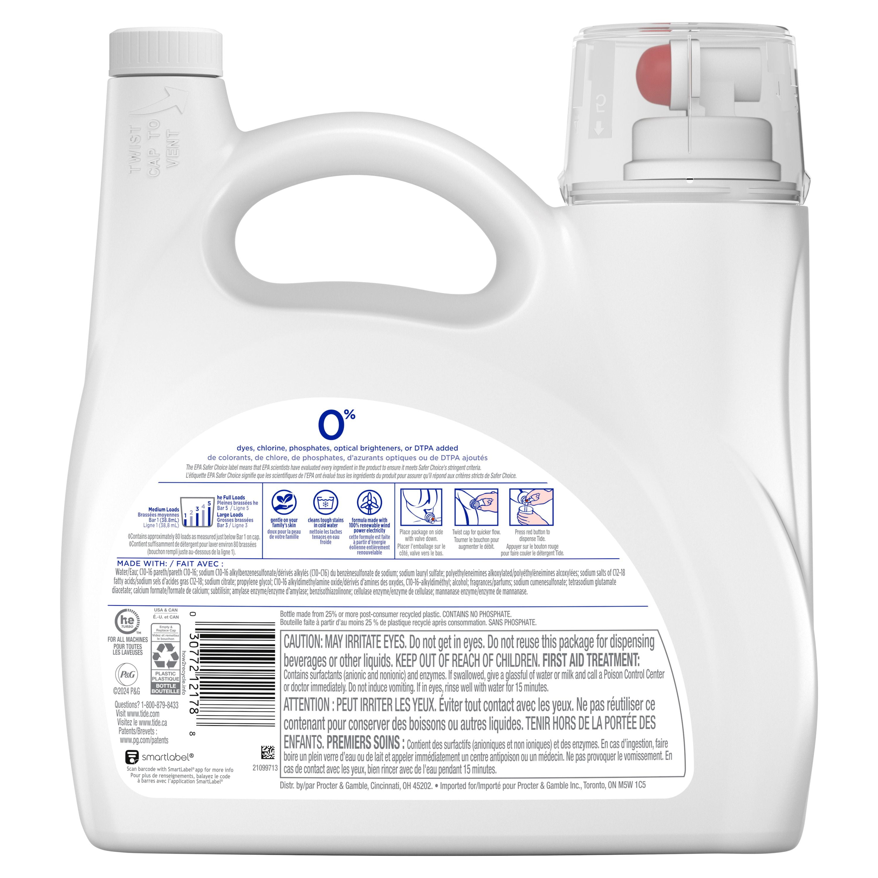 Tide Zero Liquid Laundry Detergent, Soft Lavender Scent, CleanScent Technology, 3.1L