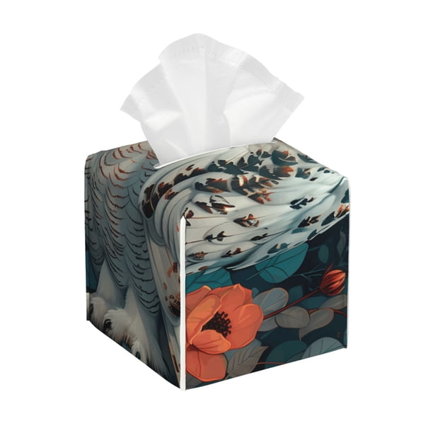 Fotbe Moon Flower White Owl Porta Pañuelos Decorativo de Cuero, Caja Cuadrada Moderna para Pañuelos Faciales, Organizador y Dispensador 5x5x5''
