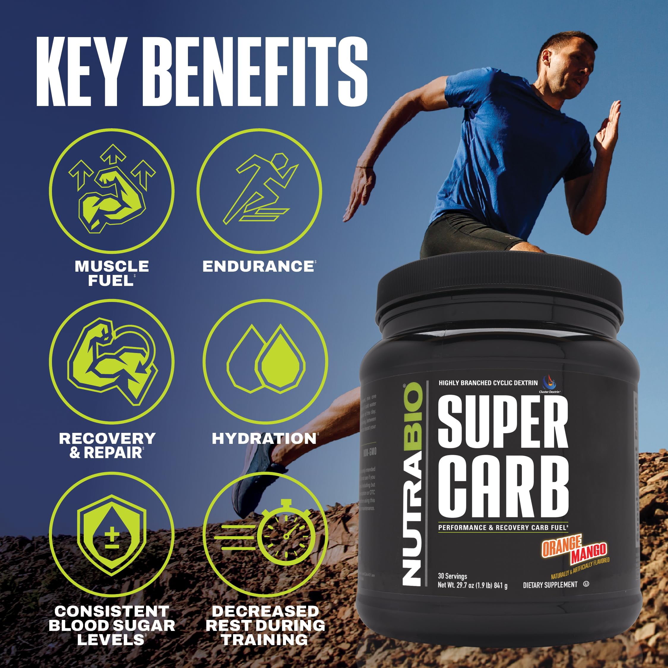 NutraBio Super Carb - Complex Carbohydrate Supplement Powder - Cluster Dextrin and Electrolytes for Performance Enhancement & Muscle Recovery - Orange Mango, 30 Servings