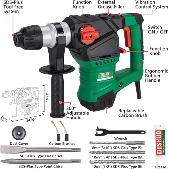 1-1/4" SDS-Plus Rotary Hammer Drill, 12.5 Amp 3 Functions Corded Vibration Control Rotomartillo with Safety  for Concrete, Includes 3 Drill Bits, 2 Chisels, Carrying Case