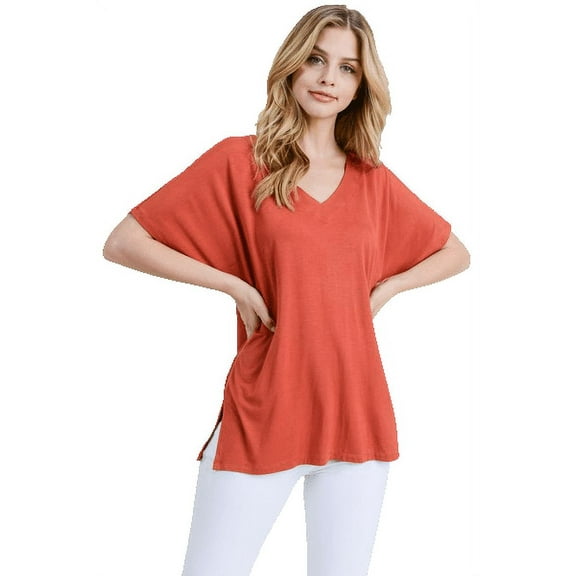 YELETE Women's Short Sleeve V-Neck Oversized Top, Rust S