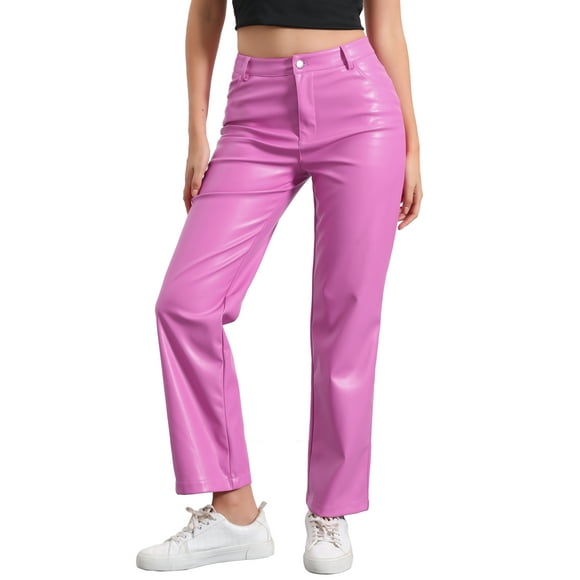Pantalones de cuero sintético DARING DIVA para mujer, de cintura alta, pierna recta, estilo punk, PU, color rosa