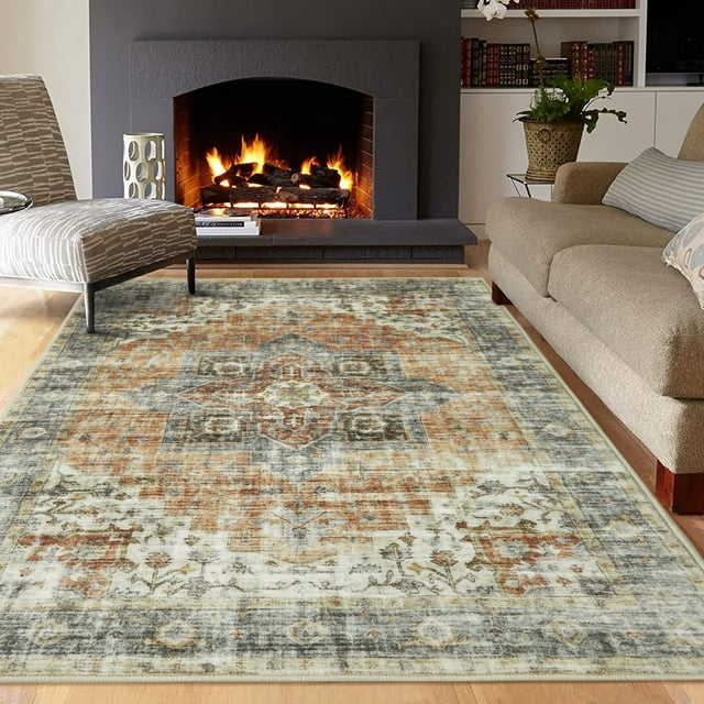 HOMERRY Area Rug 5' x 7' Floral Rug for Living Room Washable Rug Stain Resistant Non-Shed Indoor Carpet Low Pile Mat, Brown/Yellow