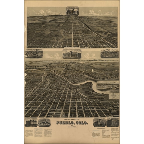 24"x36" Gallery Poster, birdseye view map of Pueblo, Colorado 1890