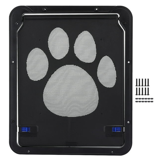 Puerta mosquitera de plástico negra con diseño de huellas de perro para gatos y perros pequeños.
