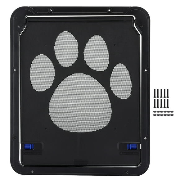 Puerta mosquitera de plástico negra con diseño de huellas de perro para gatos y perros pequeños.